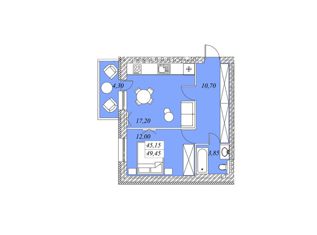 ЖК на Шептицкого: планировка 1-комнатной квартиры 48 м²