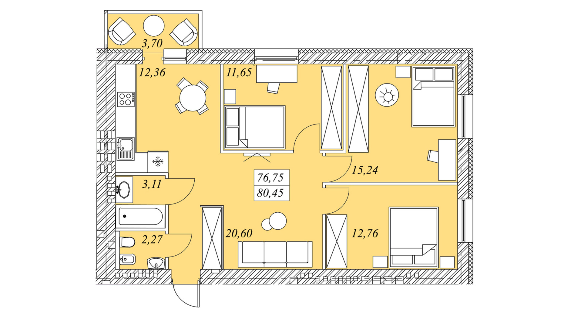 Планування 3-кімнатної квартири в ЖК на Шептицького 80.45 м², фото 584910