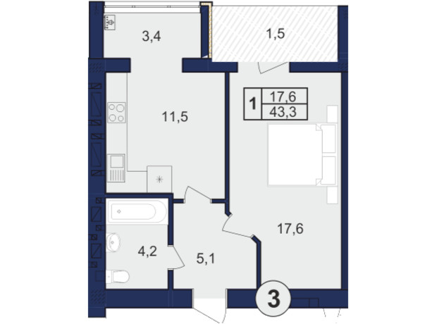 ЖК Budapest Dream: планировка 1-комнатной квартиры 43.3 м²