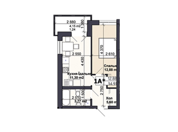 ЖК Саме той: планировка 1-комнатной квартиры 34.91 м²