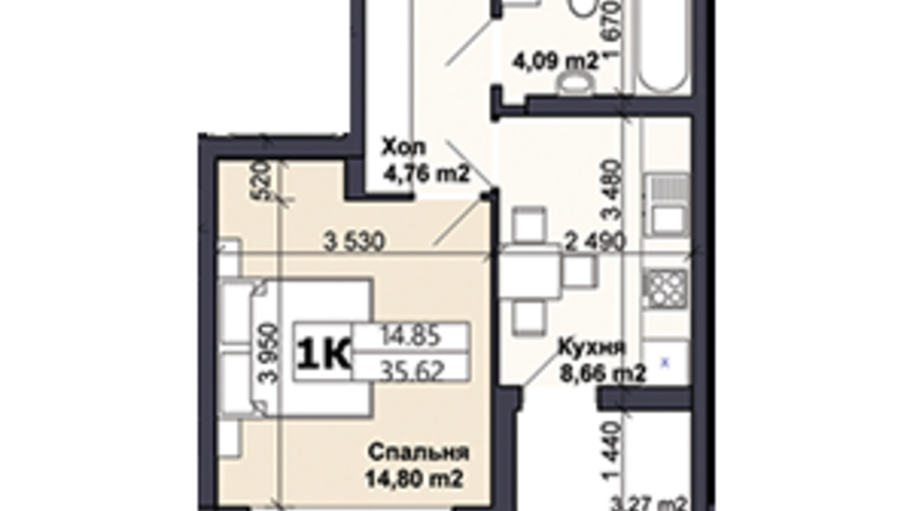 Планування 1-кімнатної квартири в ЖК Саме той 35.62 м², фото 585407