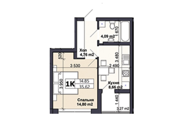 ЖК Саме той: планировка 1-комнатной квартиры 35.62 м²