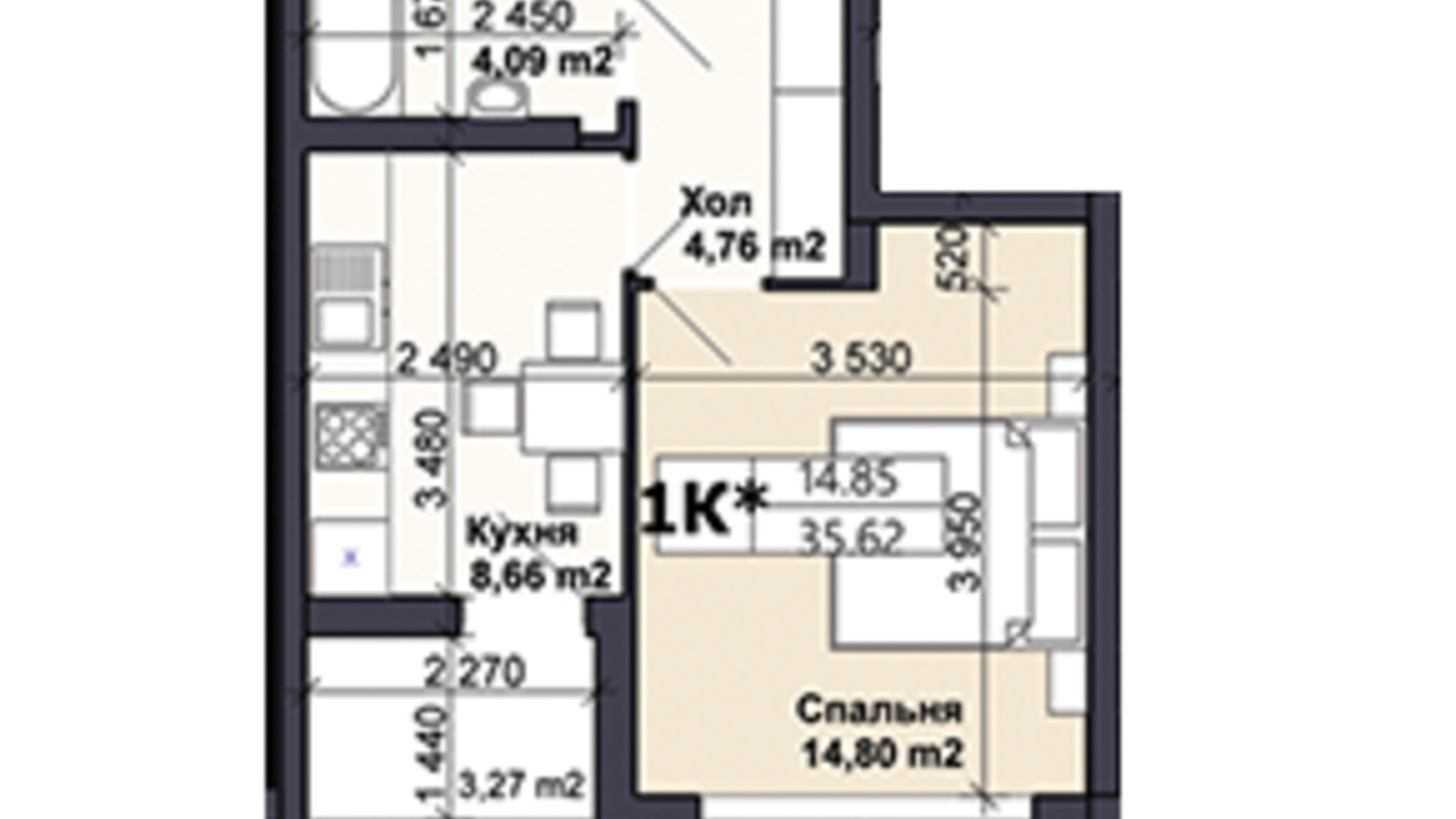 Планування 1-кімнатної квартири в ЖК Саме той 35.62 м², фото 585408