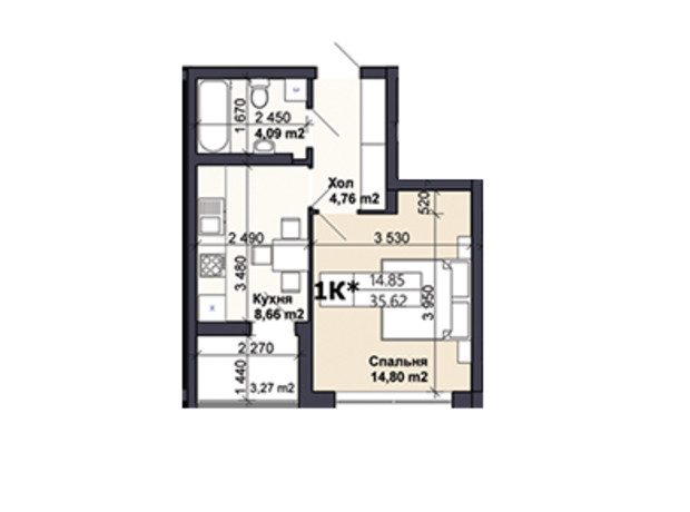 ЖК Саме той: планировка 1-комнатной квартиры 35.62 м²