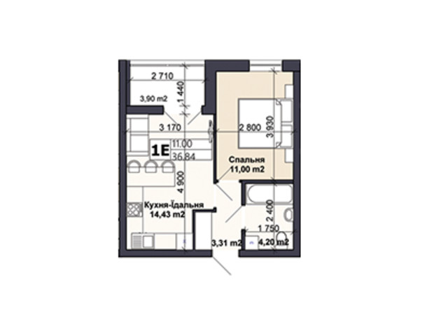 ЖК Саме той: планировка 1-комнатной квартиры 36.84 м²
