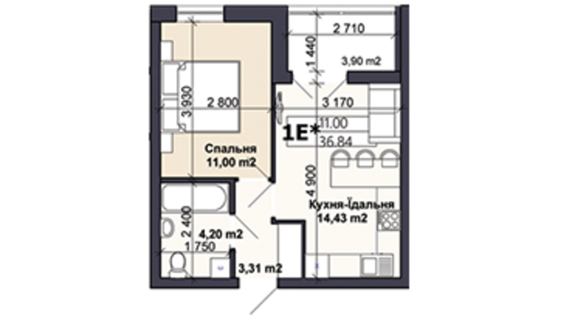 Планування 1-кімнатної квартири в ЖК Саме той 36.84 м², фото 585410