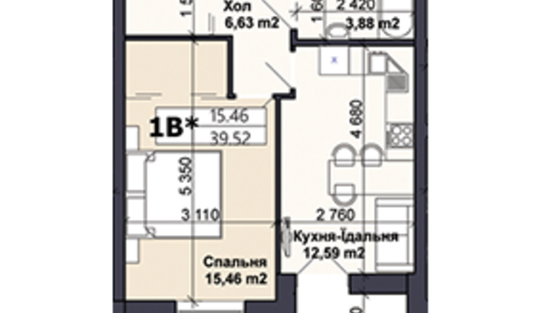 Планировка 1-комнатной квартиры в ЖК Саме той 39.52 м², фото 585411