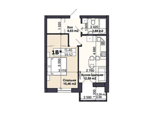 ЖК Саме той: планировка 1-комнатной квартиры 39.52 м²