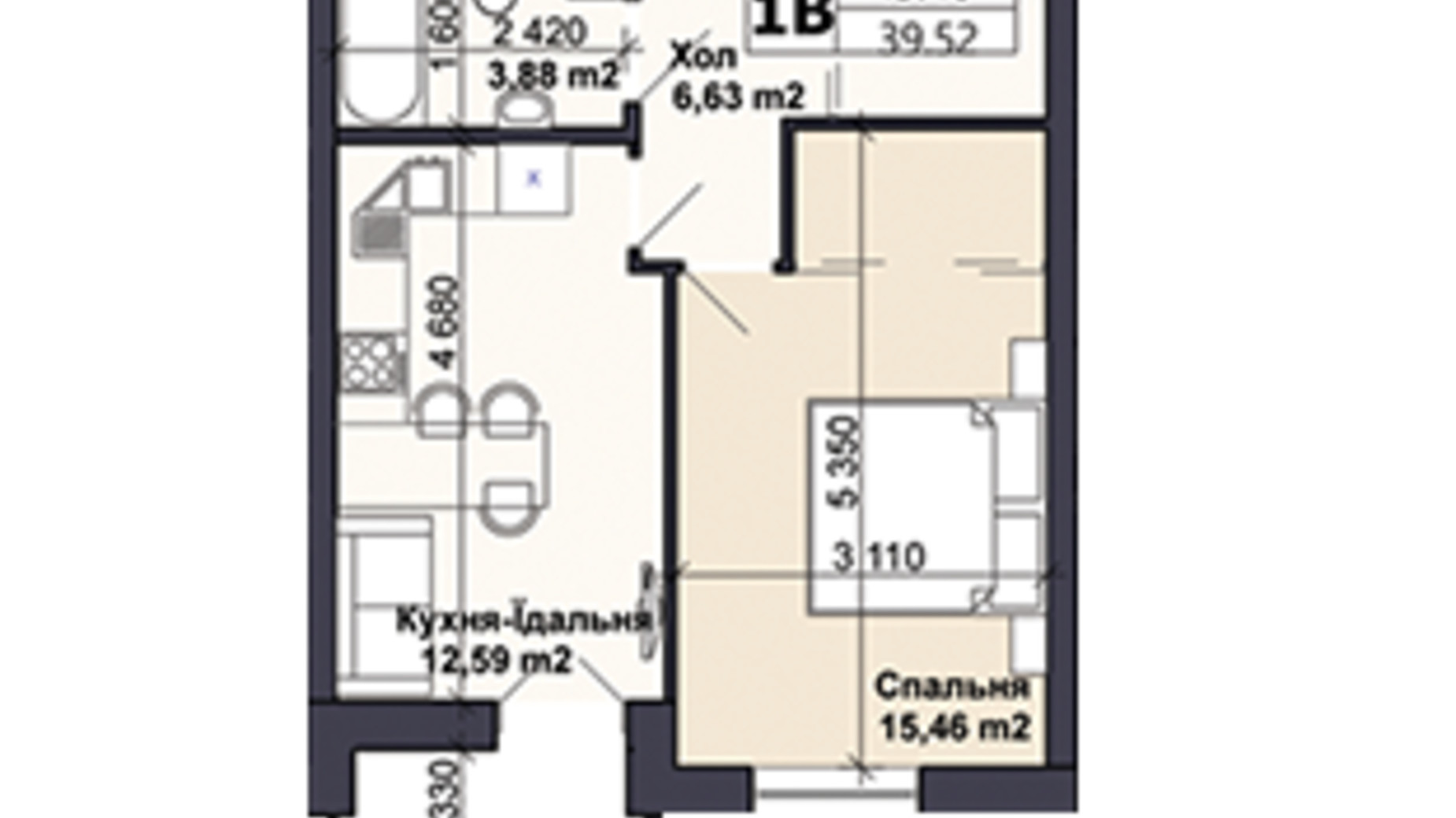 Планировка 1-комнатной квартиры в ЖК Саме той 39.52 м², фото 585412