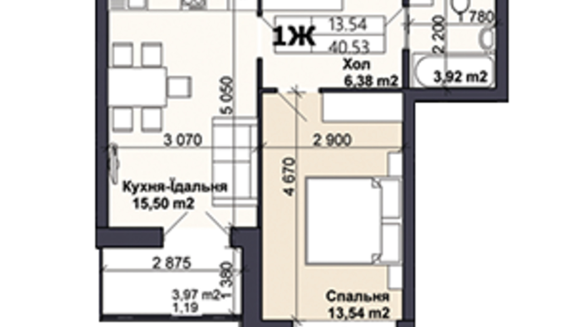 Планировка 1-комнатной квартиры в ЖК Саме той 40.53 м², фото 585413