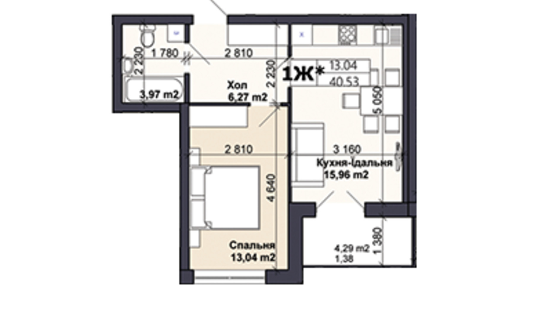 Планування 1-кімнатної квартири в ЖК Саме той 40.53 м², фото 585414