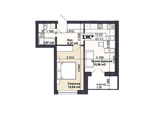 ЖК Саме той: планування 1-кімнатної квартири 40.53 м²