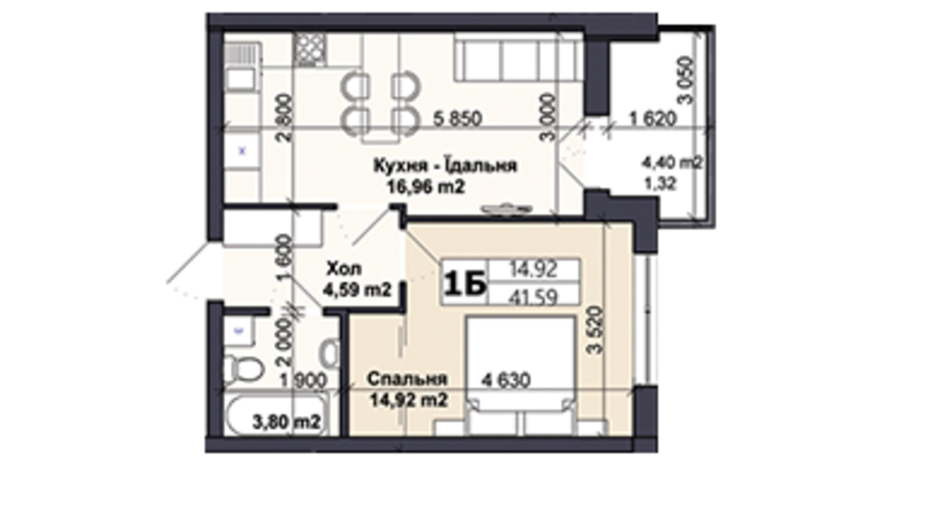 Планировка 1-комнатной квартиры в ЖК Саме той 41.59 м², фото 585417