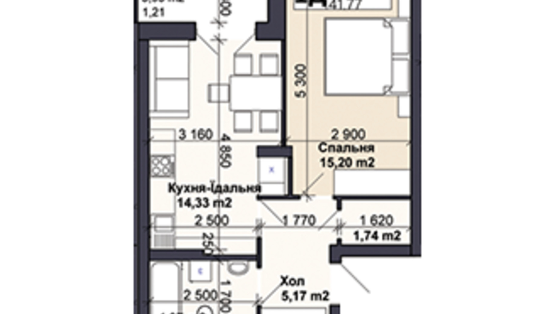 Планування 1-кімнатної квартири в ЖК Саме той 41.77 м², фото 585418