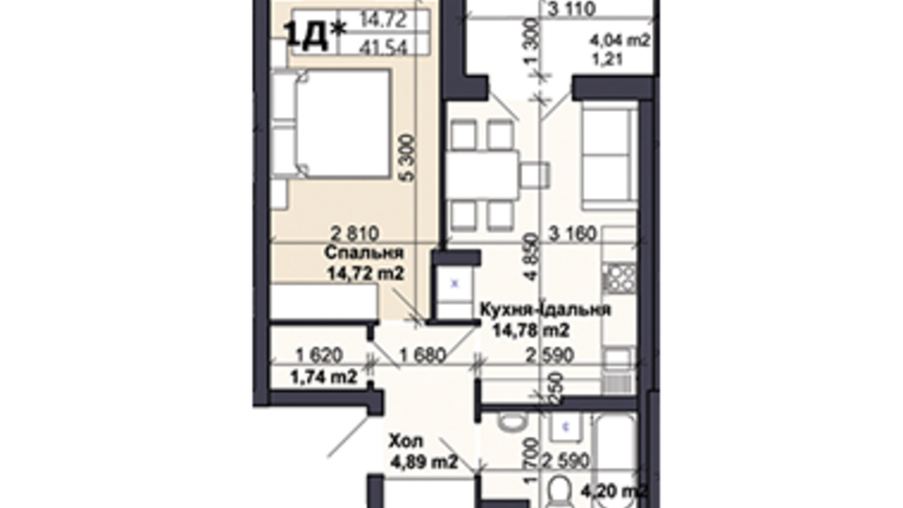 Планировка 1-комнатной квартиры в ЖК Саме той 41.77 м², фото 585419