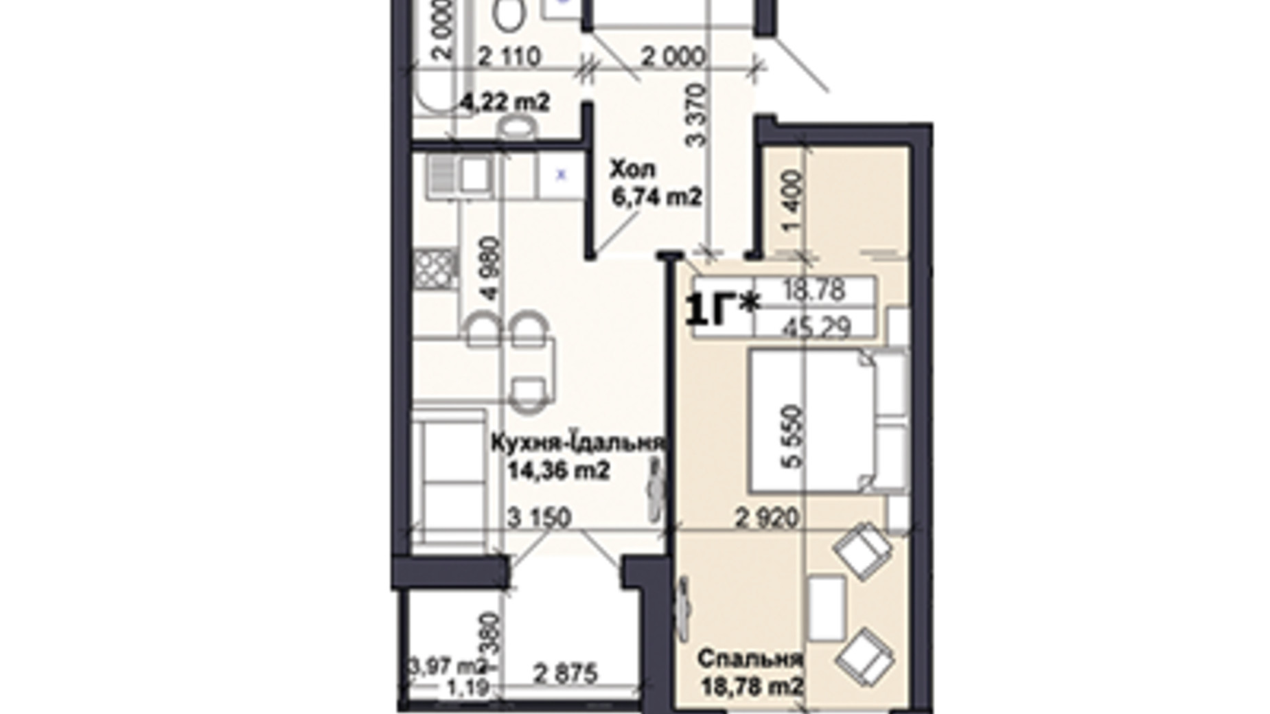 Планування 1-кімнатної квартири в ЖК Саме той 45.29 м², фото 585423