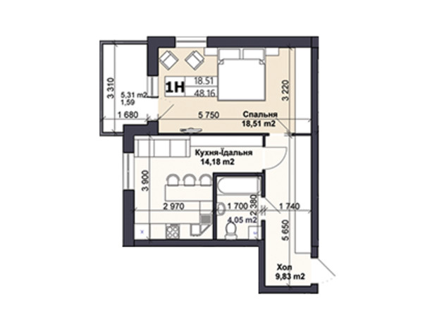 ЖК Саме той: планировка 1-комнатной квартиры 48.16 м²