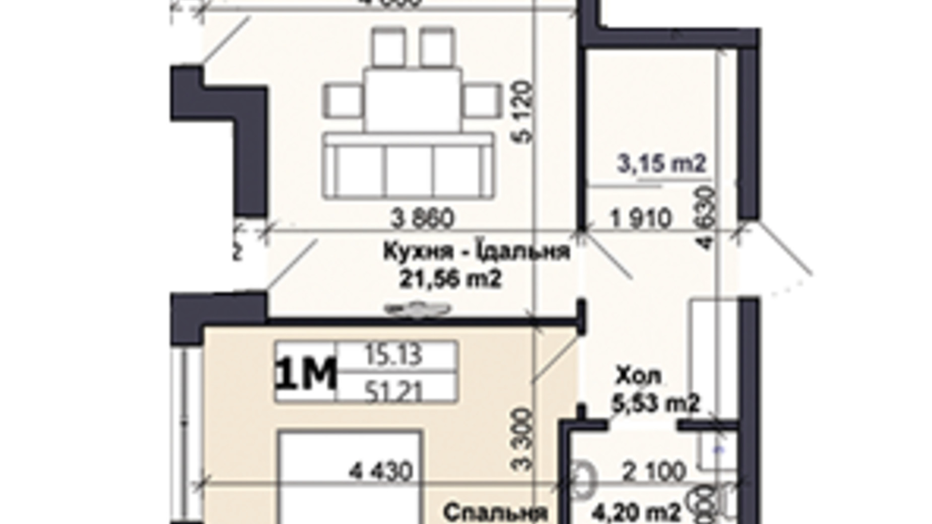 Планування 1-кімнатної квартири в ЖК Саме той 51.21 м², фото 585426