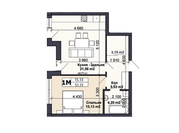 ЖК Саме той: планування 1-кімнатної квартири 51.21 м²