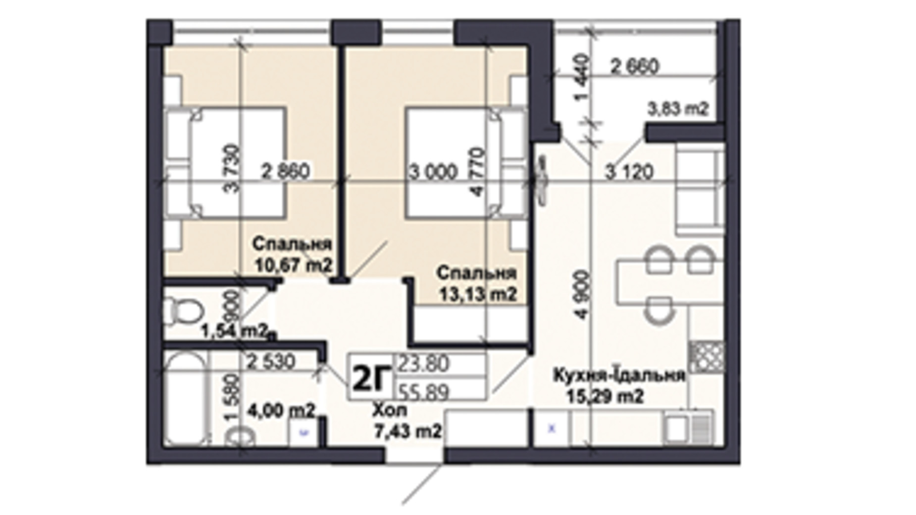 Планування 2-кімнатної квартири в ЖК Саме той 55.89 м², фото 585429