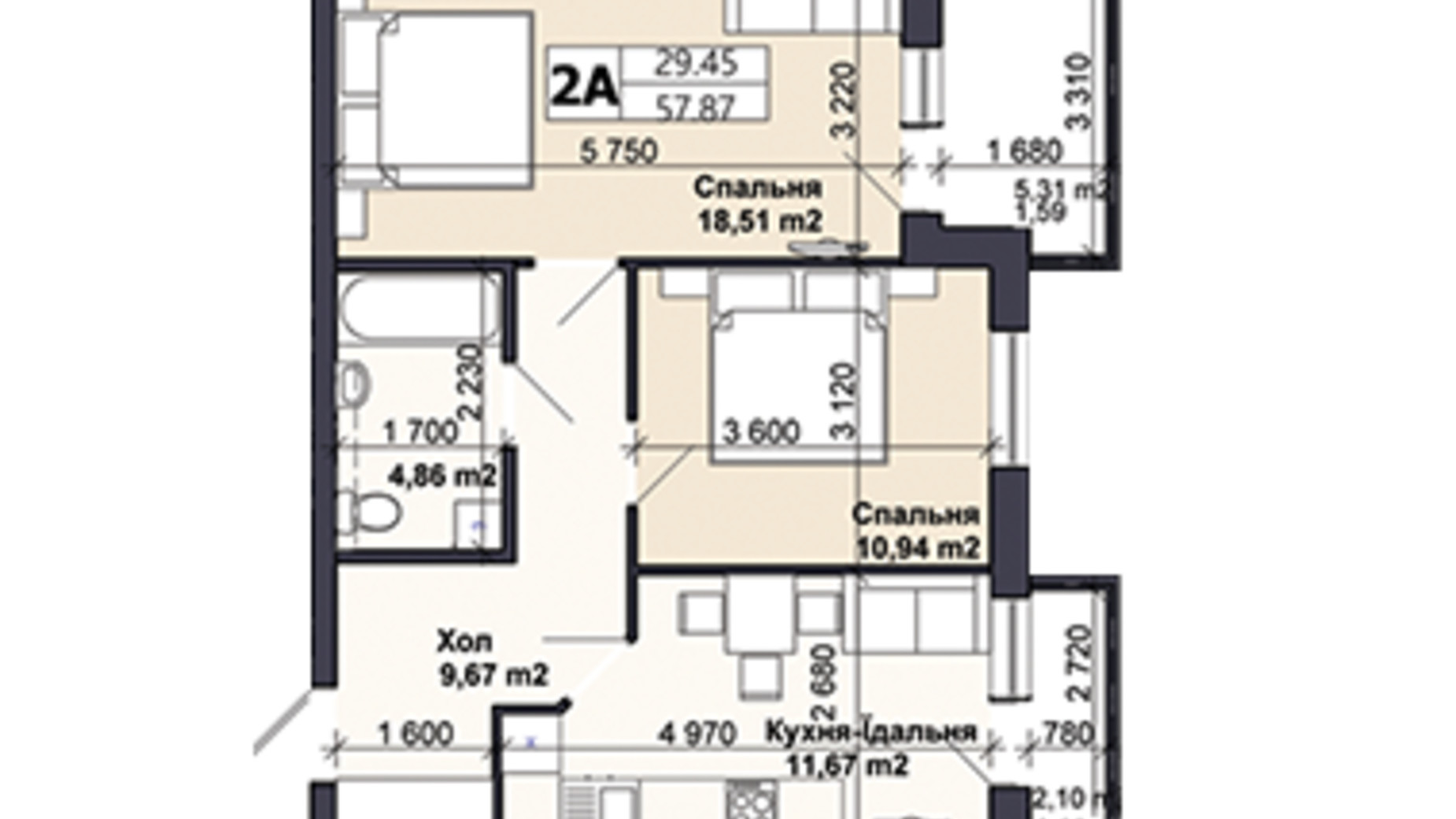 Планування 2-кімнатної квартири в ЖК Саме той 57.58 м², фото 585430