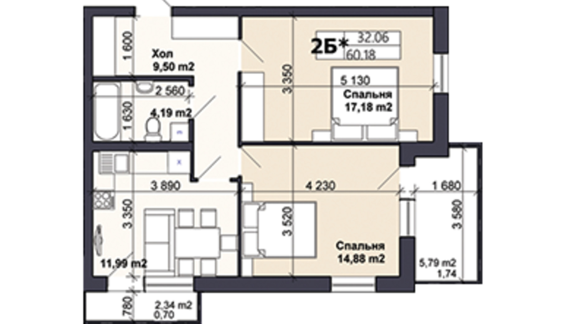 Планування 2-кімнатної квартири в ЖК Саме той 59.99 м², фото 585431