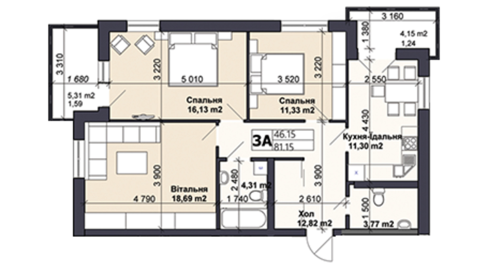 Планування 3-кімнатної квартири в ЖК Саме той 81.15 м², фото 585472