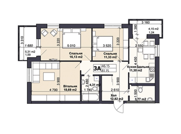 ЖК Саме той: планировка 3-комнатной квартиры 81.15 м²
