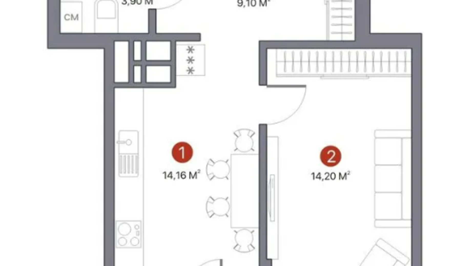Планировка 1-комнатной квартиры в ЖК 7 Kvartal 42.89 м², фото 585473