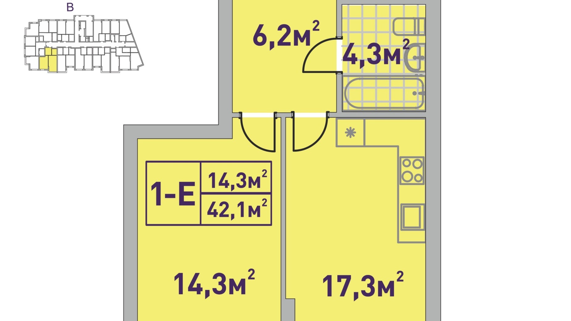 Планування 1-кімнатної квартири в ЖК Центральний-2 42.1 м², фото 585791