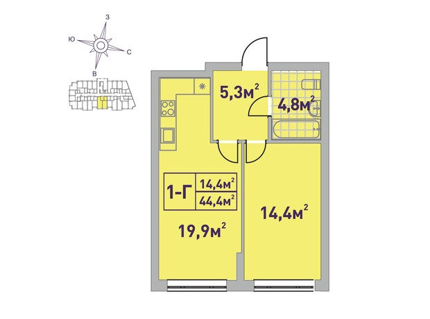 ЖК Центральный-2: планировка 1-комнатной квартиры 44.4 м²