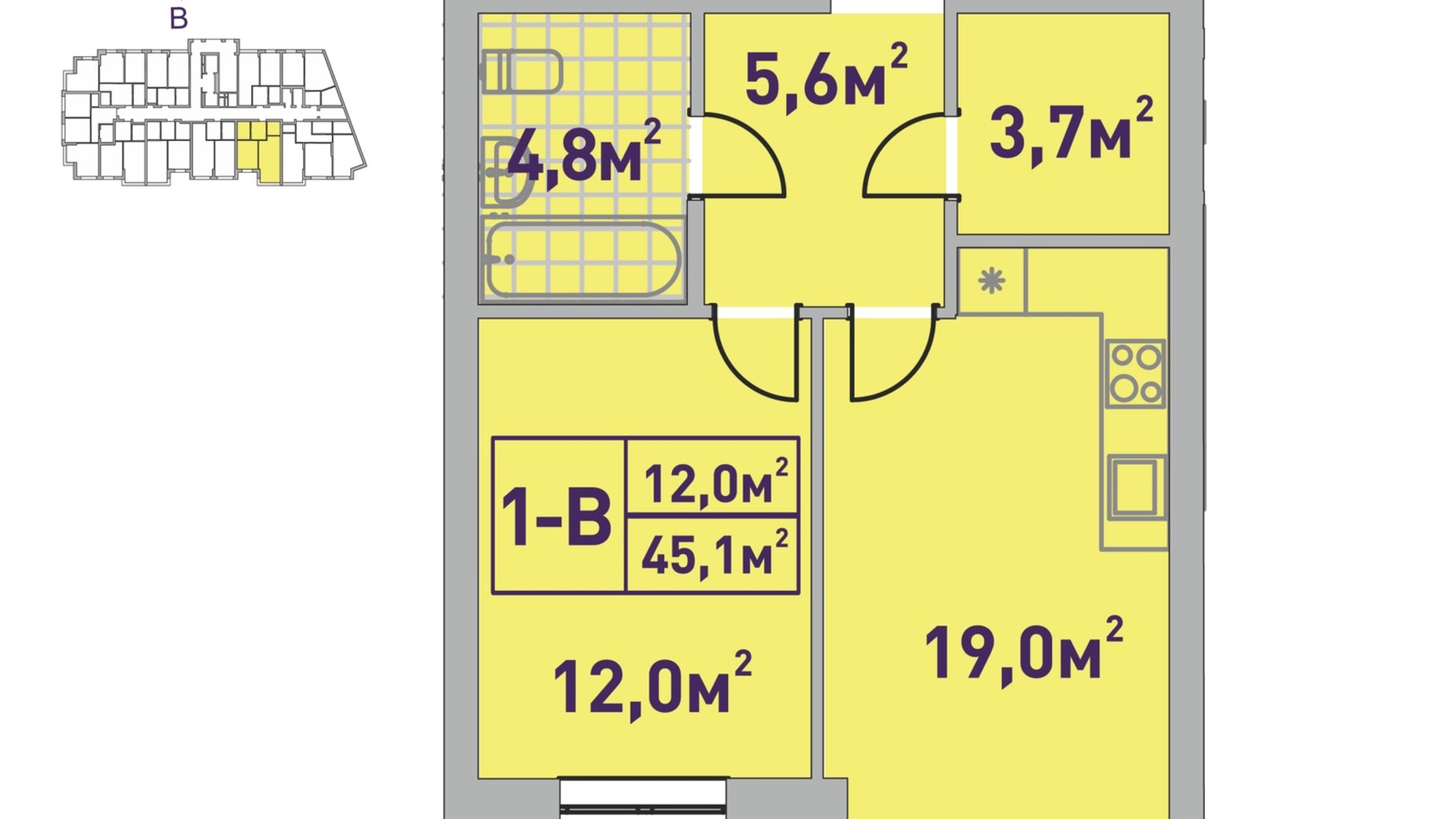 Планування 1-кімнатної квартири в ЖК Центральний-2 45.1 м², фото 585794