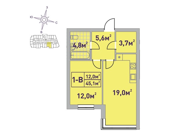 ЖК Центральный-2: планировка 1-комнатной квартиры 45.1 м²