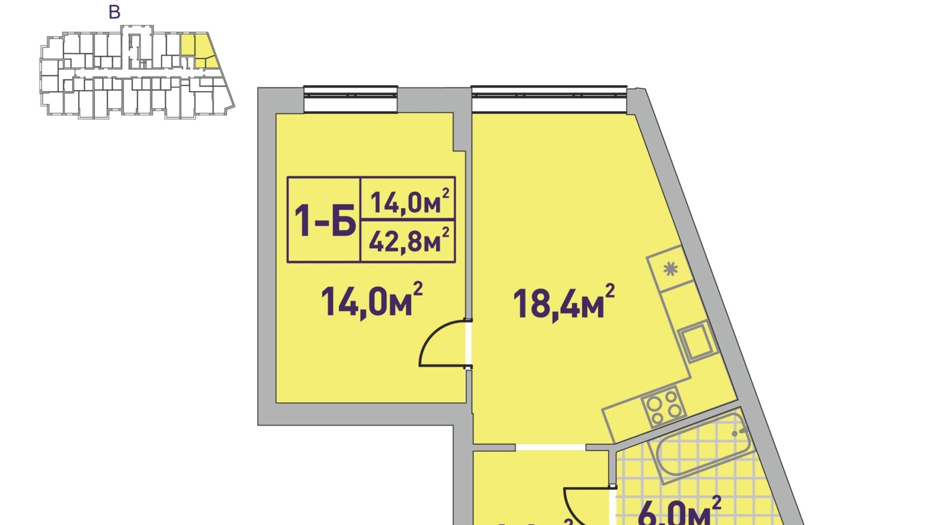 Планировка 1-комнатной квартиры в ЖК Центральный-2 42.8 м², фото 585795