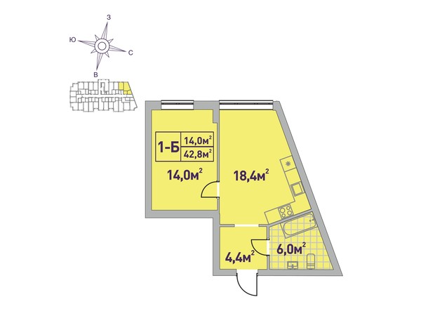 ЖК Центральний-2: планування 1-кімнатної квартири 42.8 м²