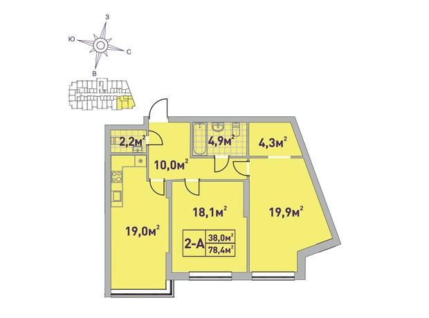 ЖК Центральный-2: планировка 2-комнатной квартиры 78.4 м²