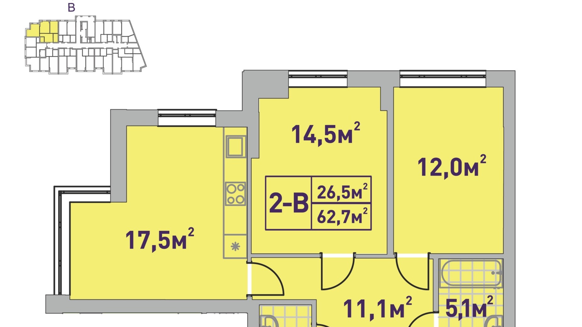 Планировка 2-комнатной квартиры в ЖК Центральный-2 62.7 м², фото 585799