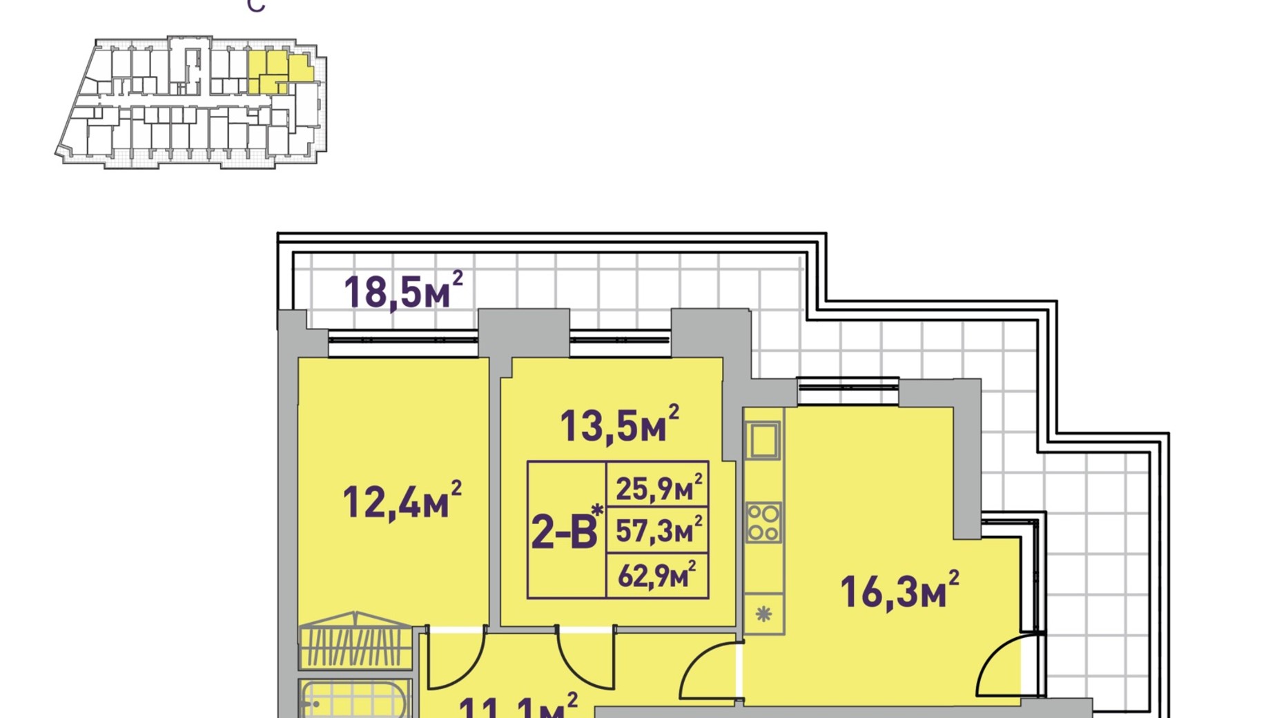 Планування 2-кімнатної квартири в ЖК Центральний-2 62.9 м², фото 585800