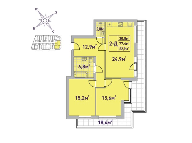 ЖК Центральный-2: планировка 2-комнатной квартиры 82.9 м²