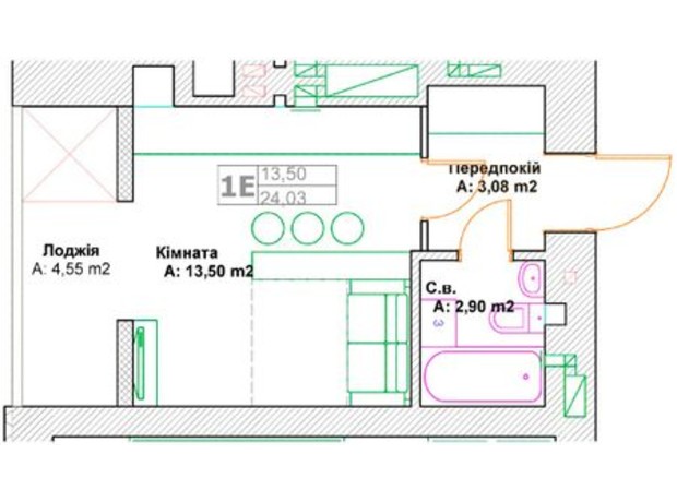 ЖК Фортуна: планування 1-кімнатної квартири 24.03 м²