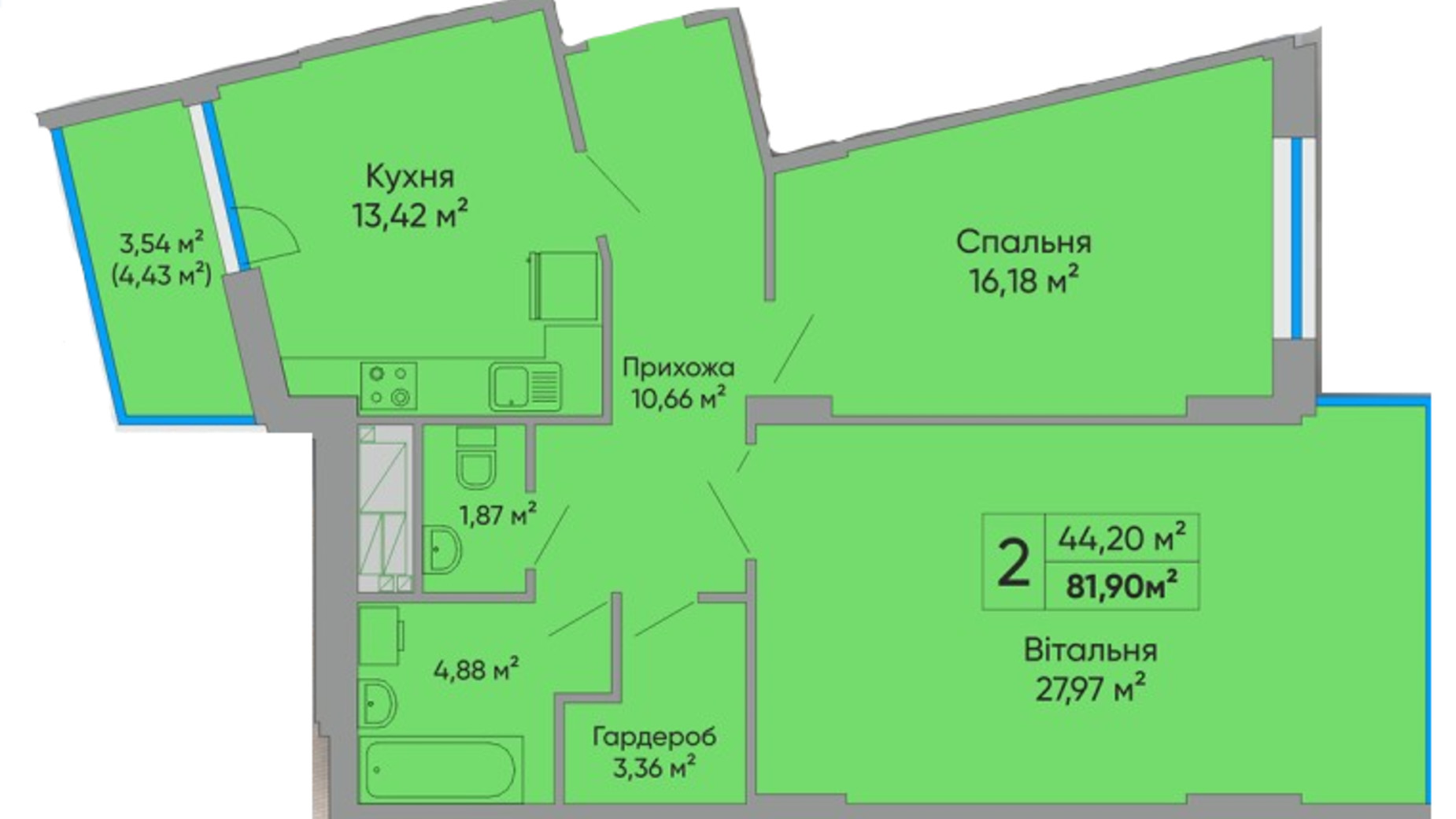 Планировка 2-комнатной квартиры в ЖК Централ Холл 78.6 м², фото 585859