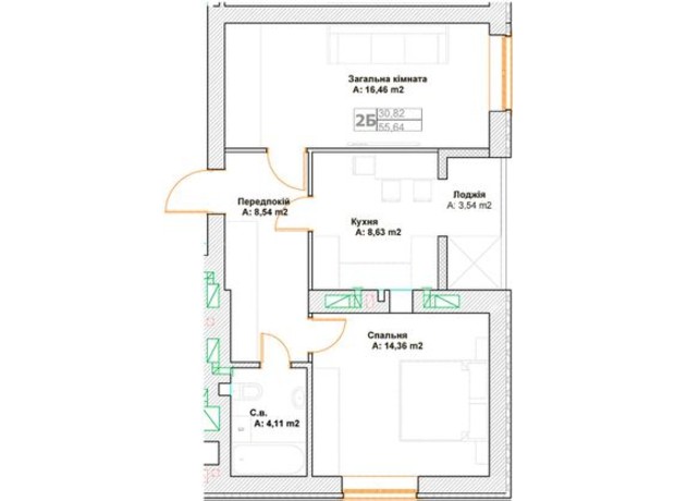 ЖК Фортуна: планування 2-кімнатної квартири 55.64 м²