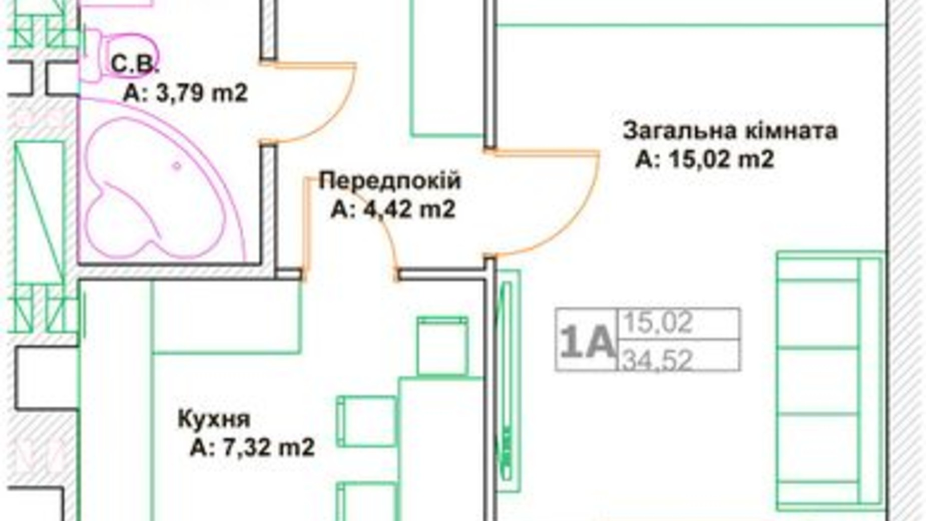 Планування 1-кімнатної квартири в ЖК Фортуна-2 35.76 м², фото 585980