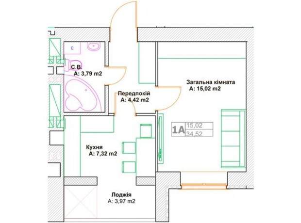 ЖК Фортуна: планировка 1-комнатной квартиры 35.76 м²