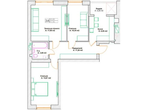 ЖК Фортуна: планировка 3-комнатной квартиры 71.7 м²