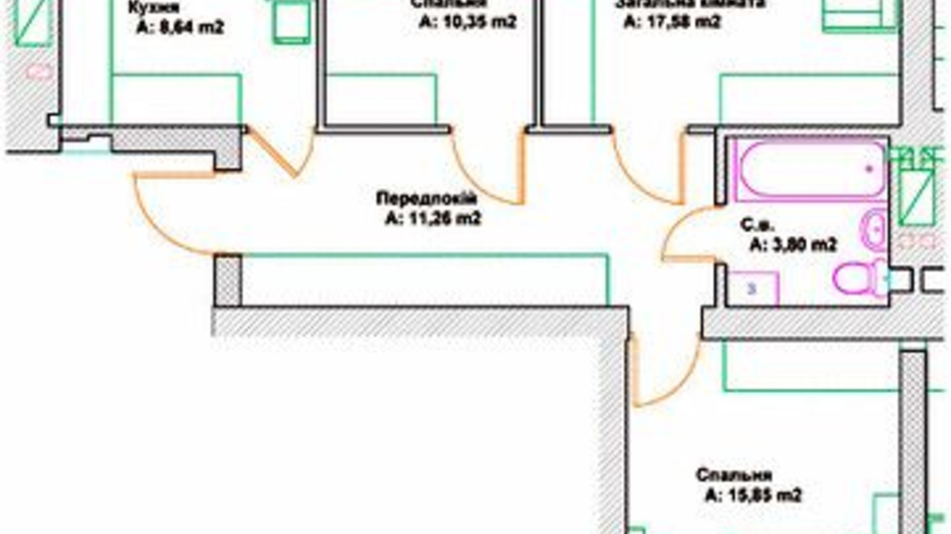 Планування 3-кімнатної квартири в ЖК Фортуна 71.63 м², фото 585984