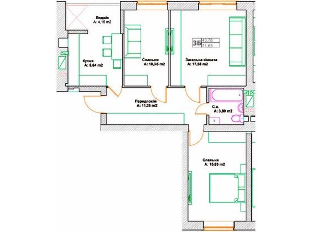 ЖК Фортуна: планування 3-кімнатної квартири 71.63 м²