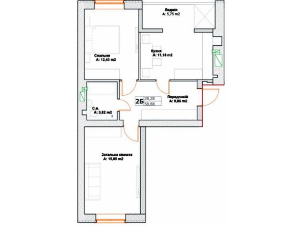 ЖК Фортуна: планування 2-кімнатної квартири 58.9 м²