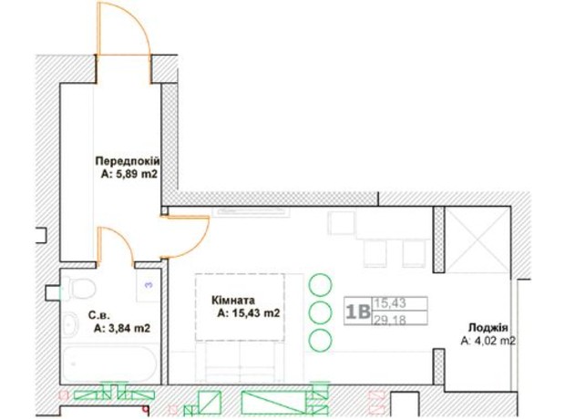 ЖК Фортуна: планировка 1-комнатной квартиры 29.18 м²