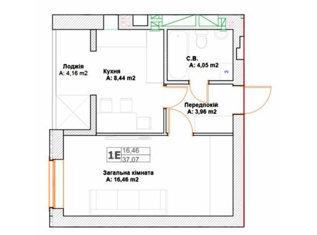 ЖК Фортуна: планировка 1-комнатной квартиры 37.07 м²